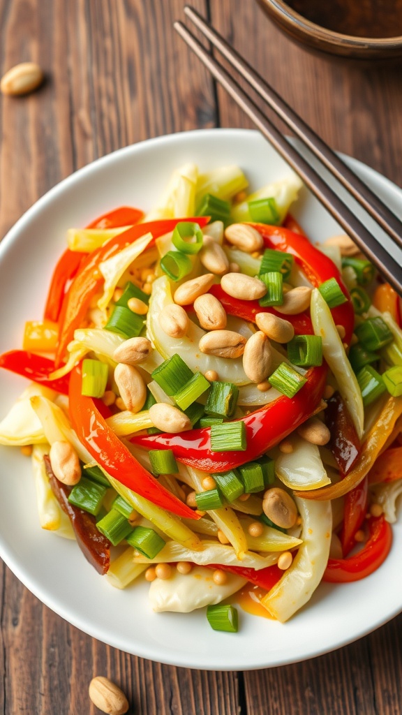 A colorful cabbage stir-fry with bell peppers, peanuts, and green onions on a rustic wooden table.